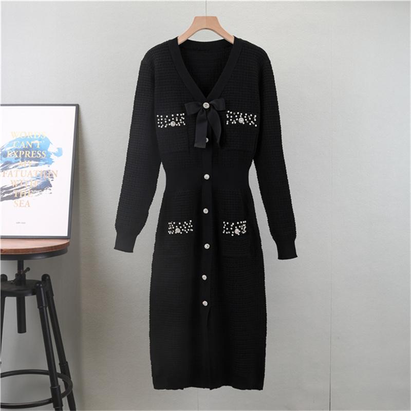 Autumn And Winter Butterfly Dress V-neck Cinched Waist Slimming Fashion Single Breasted Mid Length Skirt
