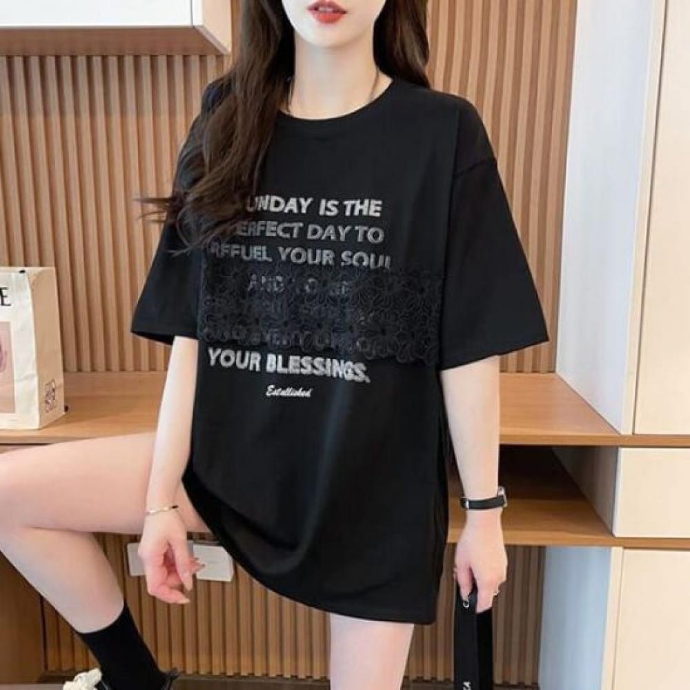 Navava Women LeTTering Lace Loose FiT ShorT Sleeve T shirT nT2801