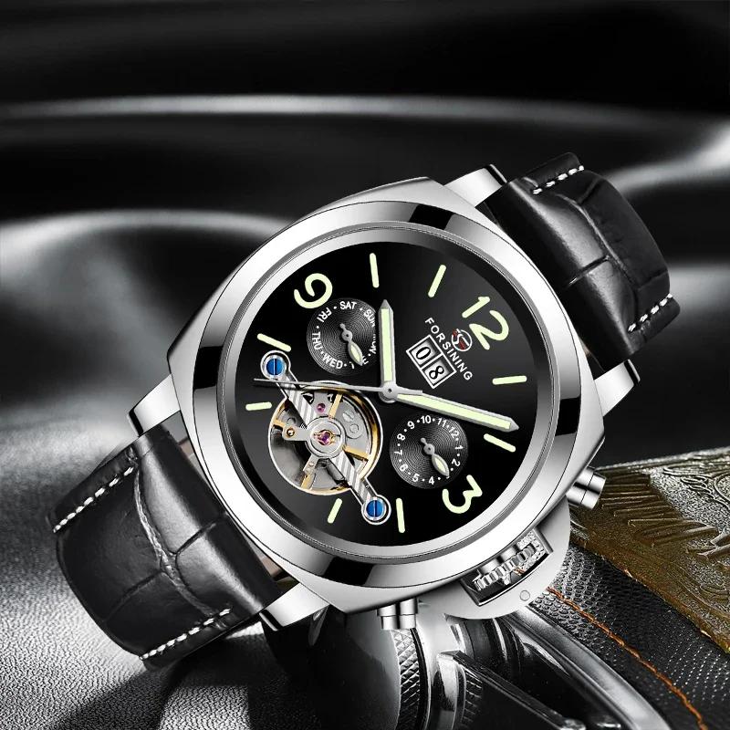 Forsining Top Automatic Men's Watch Mechanical Watch Tourbillon Men Sport Luminous Clock Male Leather Retro Wristwatch
