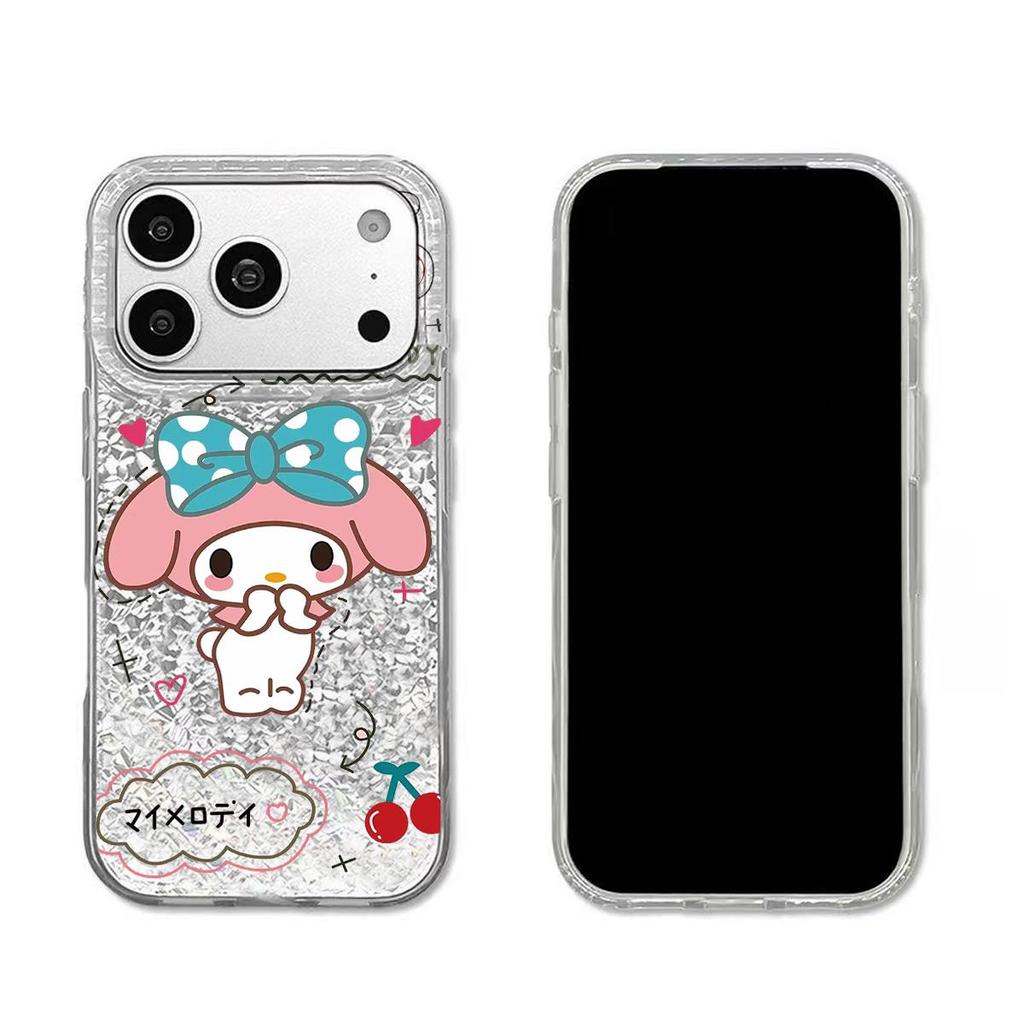 Case for iphone 14 Air 15 17 Pro 12 18 Pro Max XR 16 Plus 13 11 XS Max Silver Glitter Crackle Background Cinnamoroll with Cherry