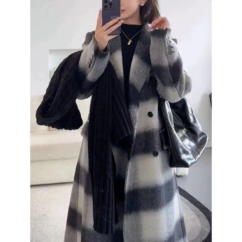 New Autumn and Winter Plaid Double-sided Wool Coat Long Korean Style Loose Casual Woolen Coat