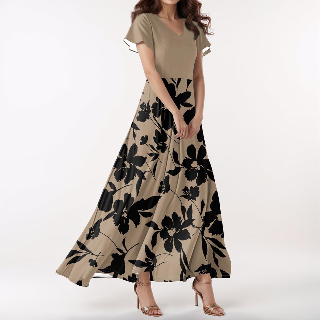 Women's Casual V-neck Short Sleeve High Waist Retro Flower Leaf Print Dress