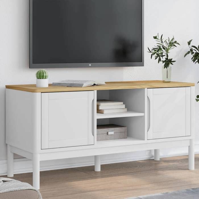 VidaXL Meuble TV FLORO blanc 114x43x55 cm bois massif de pin, banc TV, meuble hifi, centre de divertissement, buffet TV, 374015