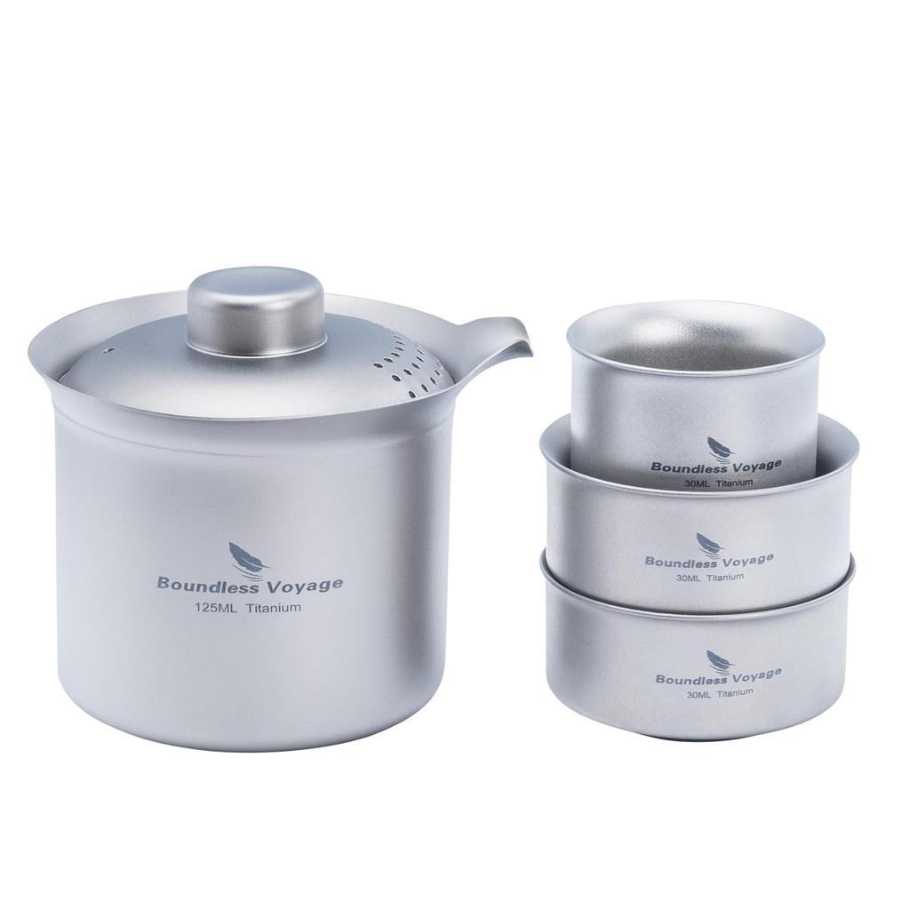 Boundless Voyage Titanium Kyusu Portable Teapot for Outdoors and Includes Storage Bag of 3 Kyusu and Teapot, 125ml, Heat-Resistant, Double-Walled,