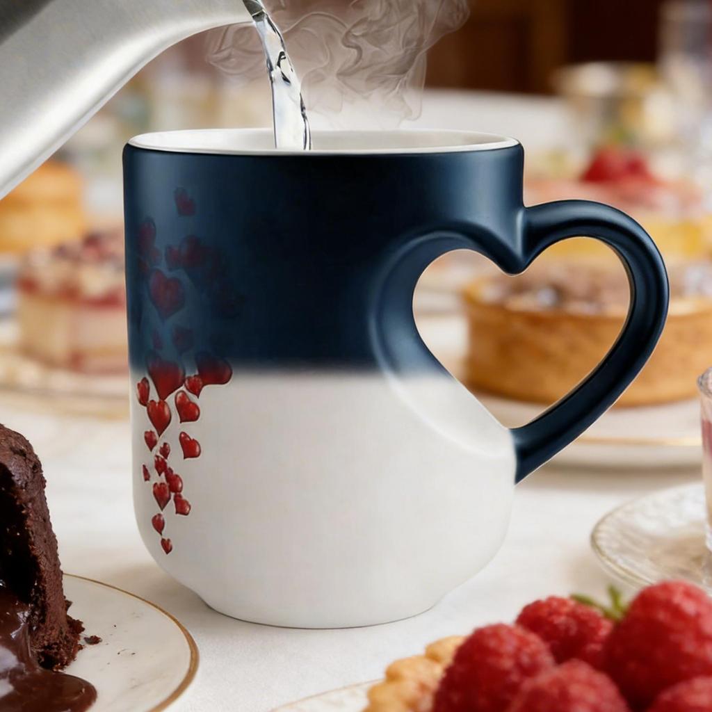 Tazza che cambia colore 325ml Forma di cuore Tazza d'acqua Ceramica Novità Tazze da caffè con manico, Regali romantici creativi per coppie
