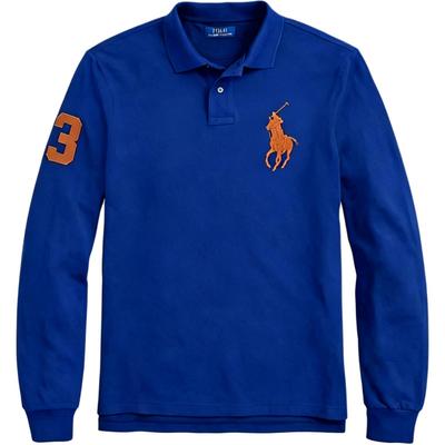 Polo Solid Color Big Pony Embroidered Logo Long Sleeve Polo Shirt Men Tops Dark-Blue MNPOKNI16810673E50