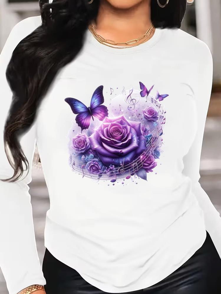 (Asian Size) Tee O-neck Print Autumn Winter Spring Women Clothing 90s Butterfly Trend Casual Long Sleeve T Shirt Fashion Top Graphic T-shirts