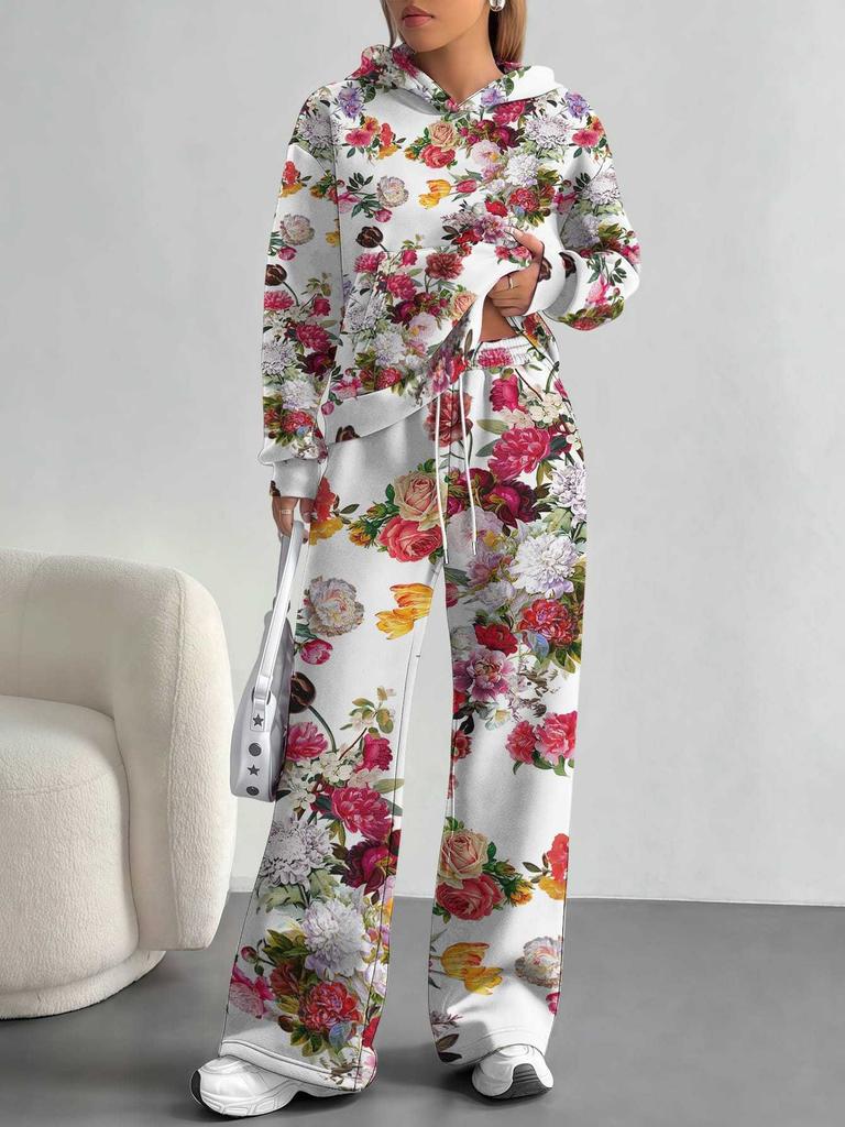 Europe, America Autumn and Winter 1116 Casual Retro Flower Long-sleeved Suit Women's Hooded Sweater Trousers Two-piece Set
