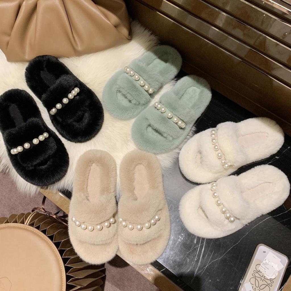 Ins fluffy slippers women's wear summer Internet celebrity 2025 new cute pearl rabbit plush cross cotton drag tide