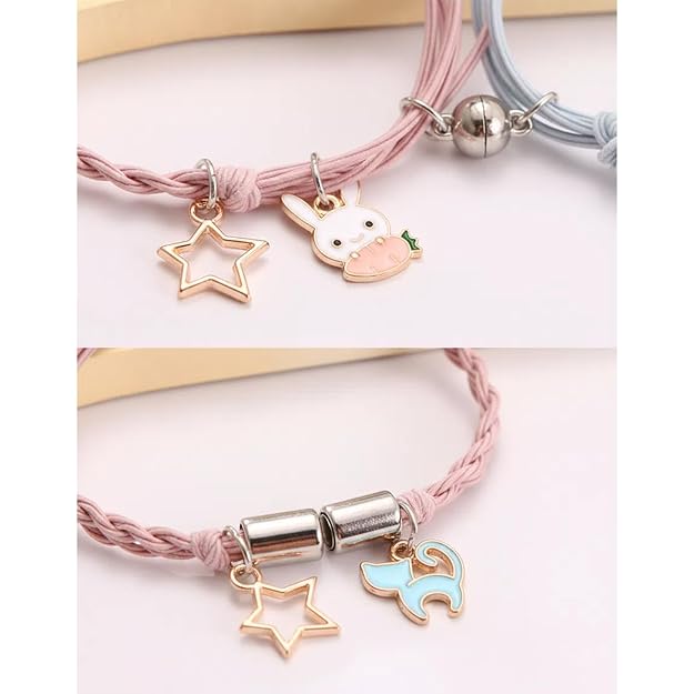 4 Pairs Matching Bracelets for Couples, Best Friends, Rabbit Cat Charm, Rope Braided
