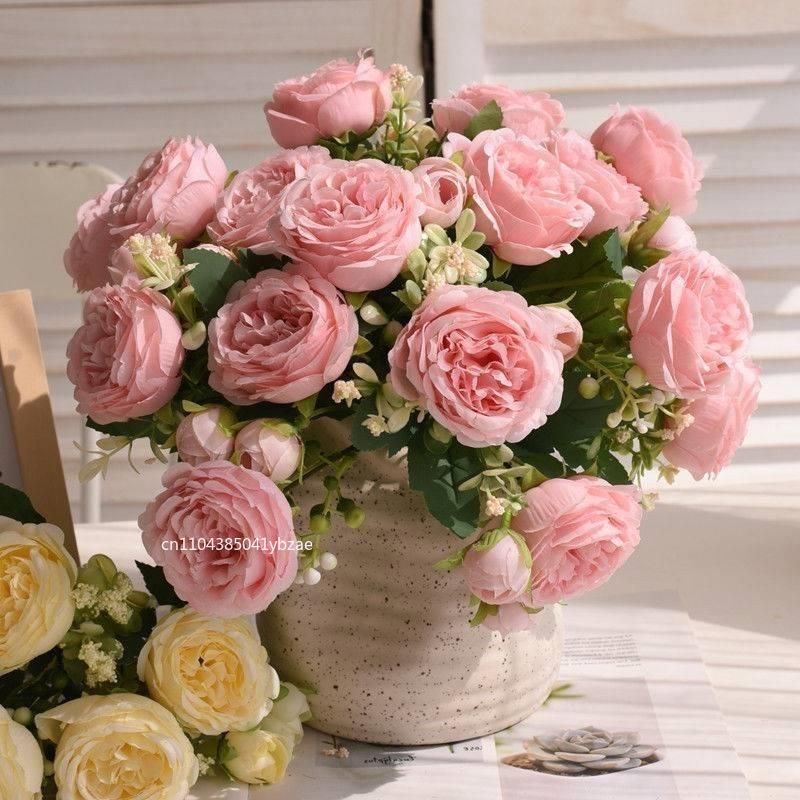 Hot Selling 30cm Rose Pink Silk Bouquet Peony Artificial Flower 5 Big Head 4 Small Bud Bride Wedding Home Party Decorations