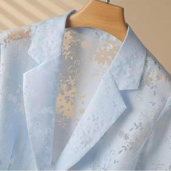 Women's Plus-Size Blazer Summer Thin Sun Protection Slim Fit Hollow Lace Three-Quarter Sleeves Blazer Top
