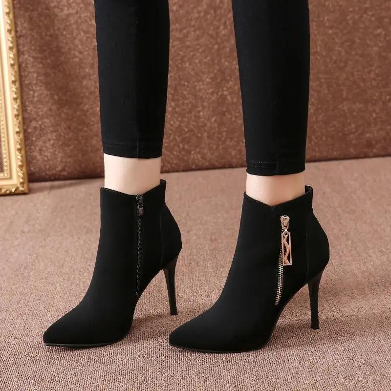 Fashion Sexy Black Suede Ankle Boots for Women Very High Heels Pole Woman Short Shoes Footwear Trend 2025 On Offer Y2k New In Pu Booties