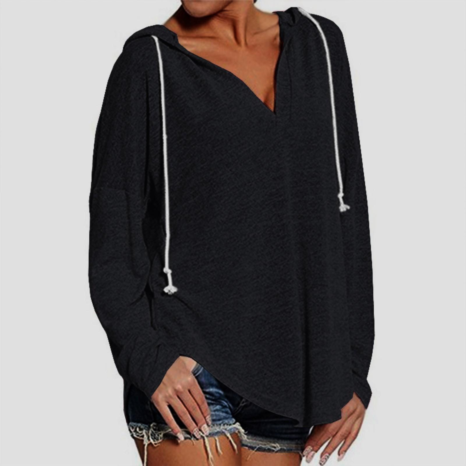 

Женский модный легкий однотонный топ с длинными рукавами и капюшоном на шнурке M чёрный