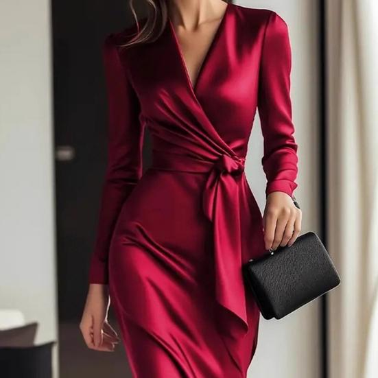 Kadın Wrap Saten İpeksi Midi Elbise Uzun Kollu V Yaka Bağcıklı Bel Resmi Elbise Kokteyl Partisi Düğün Davetli Elbisesi