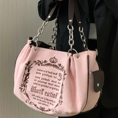 Petit sac fourre-tout à bandoulière avec broderie, style rétro, style gothique, grande capacité, avec chaîne