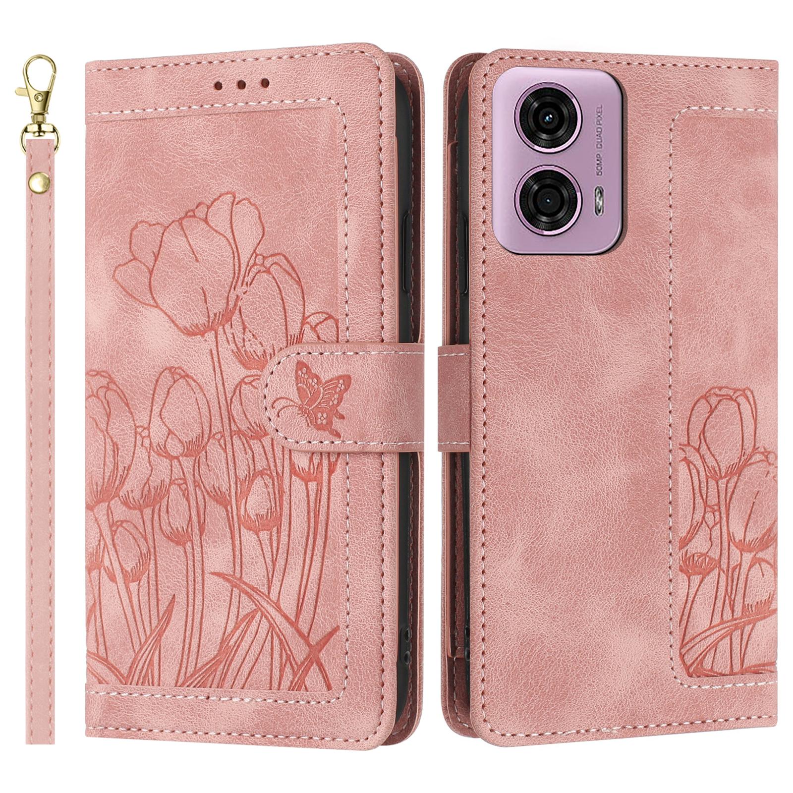 

For Motorola Moto G24 4G/G04 4G Tulip Leather Case Phone Cover with 5 Card Slots Wallet Pink