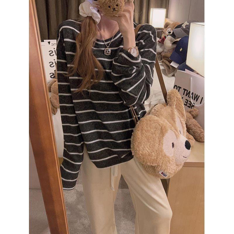 Casual Striped T-Shirt Women Long Sleeve Loose Fit Blouse Autumn Winter Basic Korean Long Sleeve Top Spring O Neck Simple Basic Tee Shirts