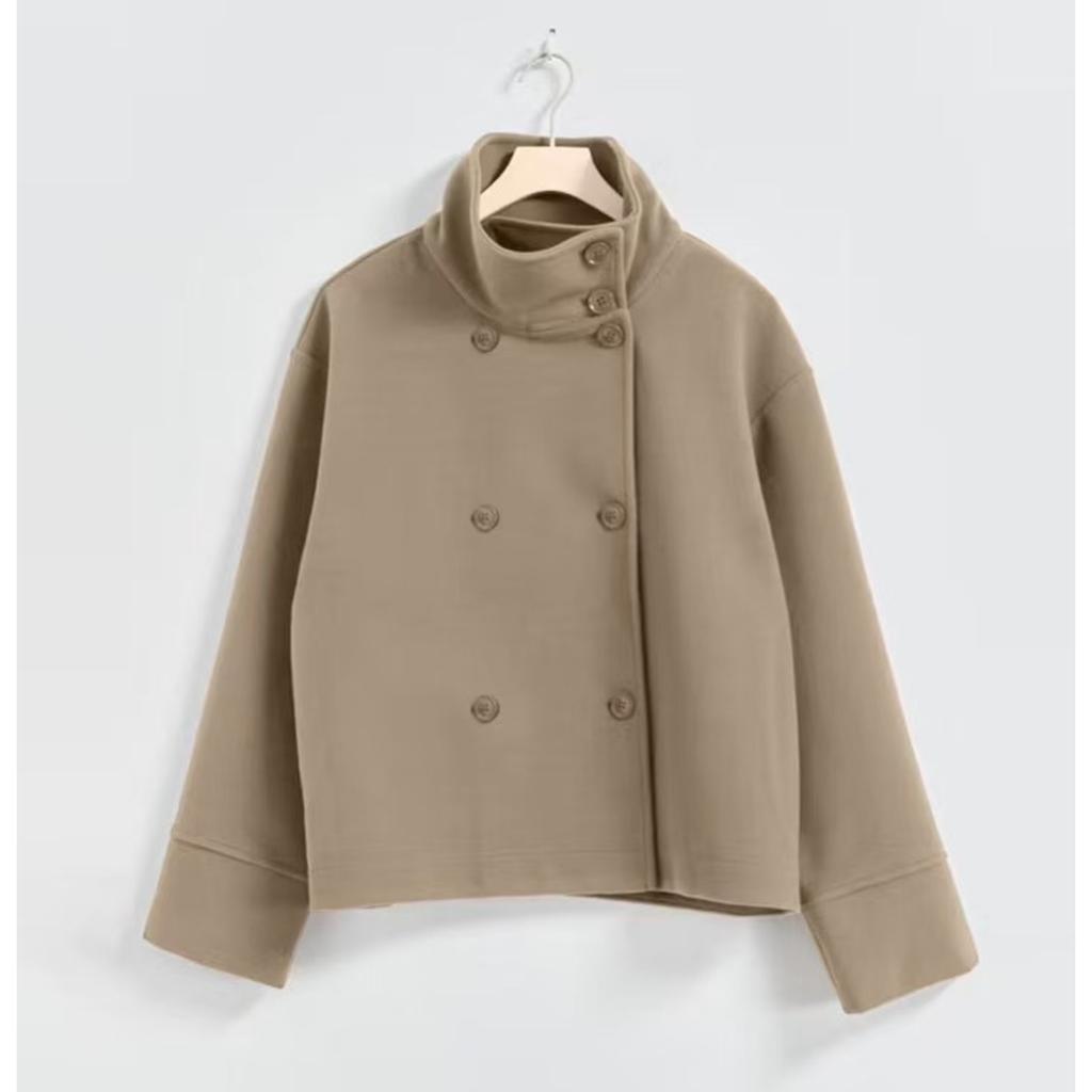 Damen Wollmantel mit Stehkragen, langen Ärmeln, lockerem Schnitt, lässige zweireihige Jacke mit Knopfleiste