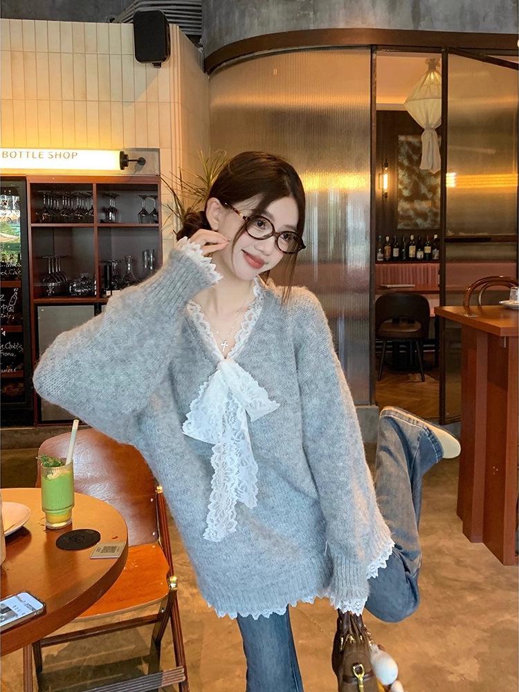 Gray Lace Patchwork Bow Sweater - Women's Casual Loose Fit Autumn Knitwear