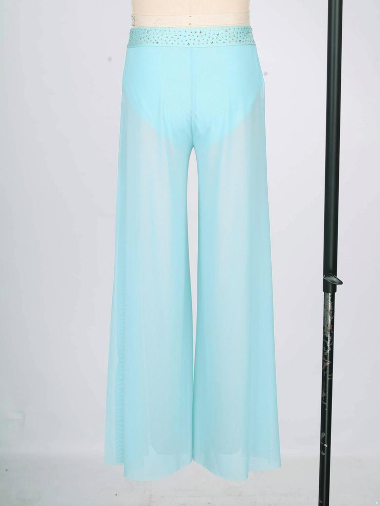 Kids Dance Competition Wear Rhinestone Waist Side Split Wide Leg Mesh Pants with Built-in Briefs for Lyrical Skating Show