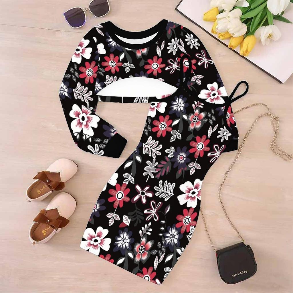 Girls Cartoon 2 Piece Outfits, Long Sleeve Crop Top + Spaghetti Strap Bodycon Dress, Vintage Oil Print Party Dress Set