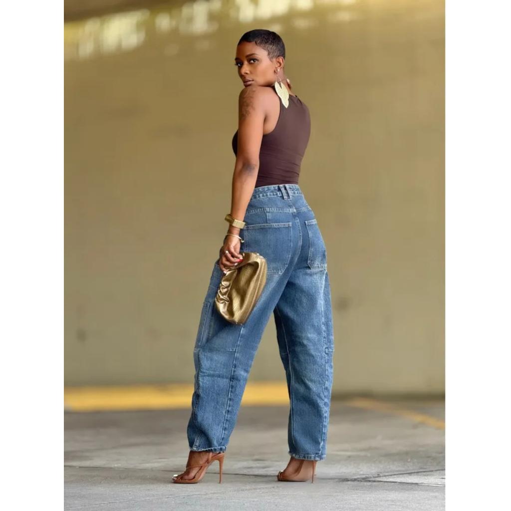 VIONA European and American Style Patchwork Multi Pocket Tapered Jeans for Women