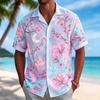 Men's Neon Print Short Sleeve Shirt, Casual Hawaiian Button Down Top, White Base with Pink Blue Accents for Spring & Summer