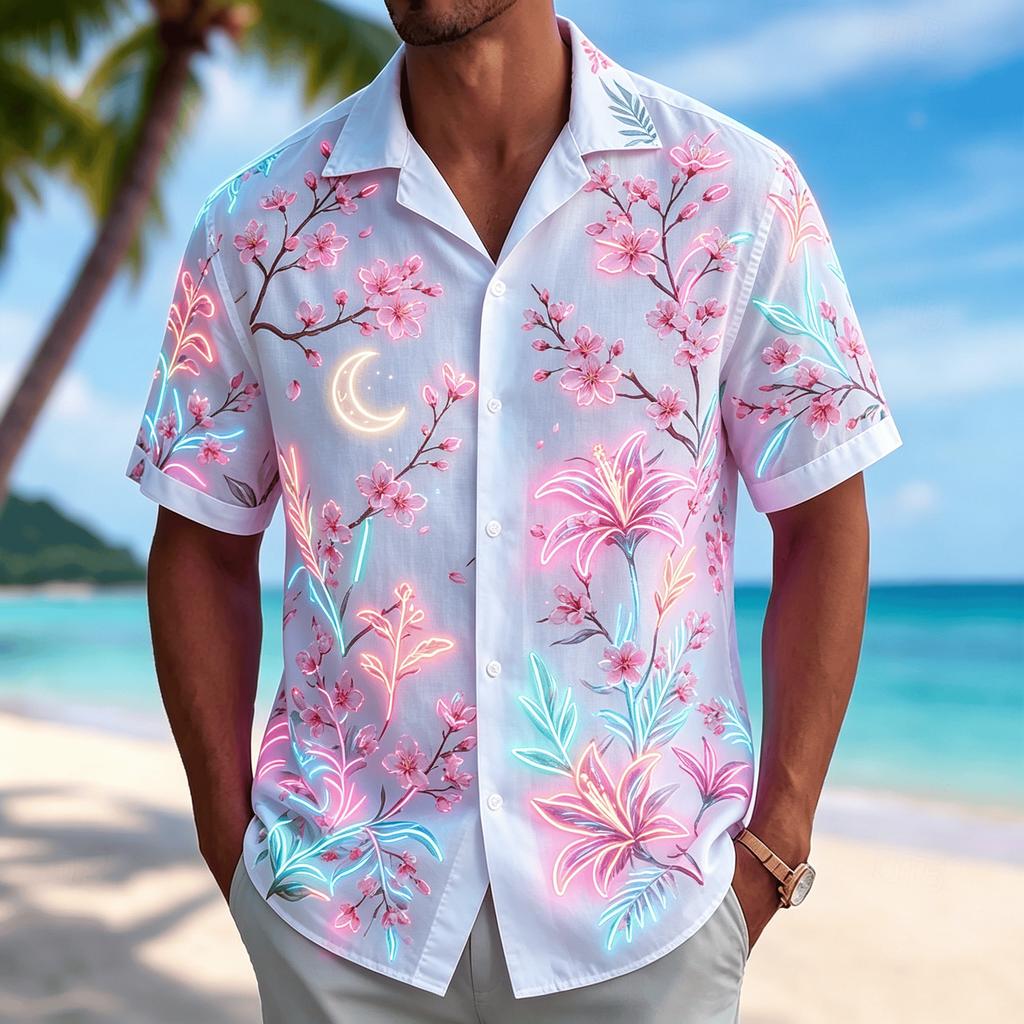 Men's Neon Print Short Sleeve Shirt, Casual Hawaiian Button Down Top, White Base with Pink Blue Accents for Spring & Summer