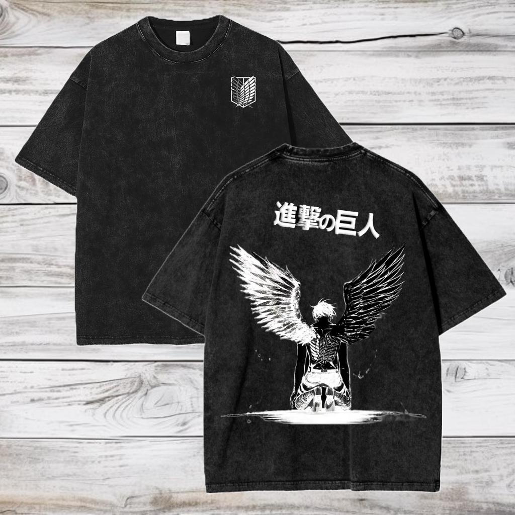Rivaille Attack on Titan Manga Print T-Shirt Für Herren Damen Kleidung Baumwolle Kurzarm T-Shirts Vintage Gewaschen Übergroß Streetwear