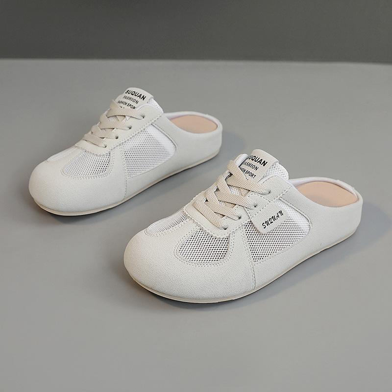 Women's Mesh Casual Shoes Half Slipper Women's Mesh Sandals Summer Mesh Fabric Women's Shoes Versatile Flat Shoes Woman Slippers