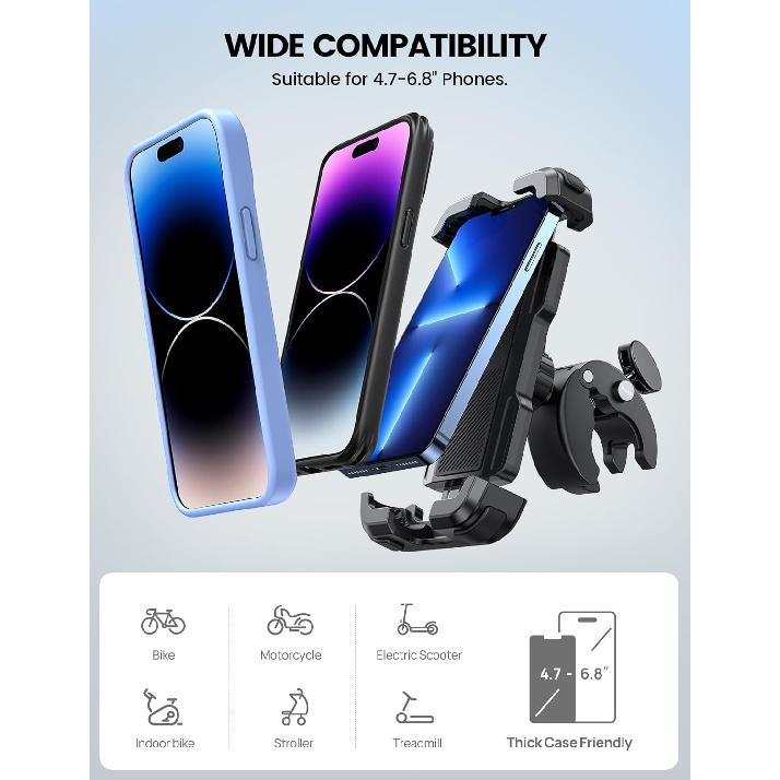 Lamicall Motorcycle Phone Mount, Bike Phone Holder - [Metal Lock] Upgrade Quick Install Handlebar Clip for Bicycle Scooter, Cell Phone Clamp for