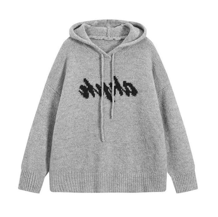 Women's Autumn/Winter 2024 Grey Knit Hoodie: Lazy Style, Loose Fit, Slimming Design