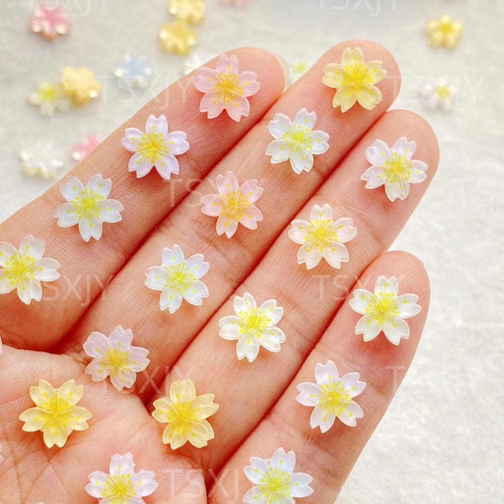 50pcs New Model Resin Cute Mini Colorful Cherry Blossoms, Peach Blossoms Nail Art Flatback Rhinestone DIY Scrapbook Crafts