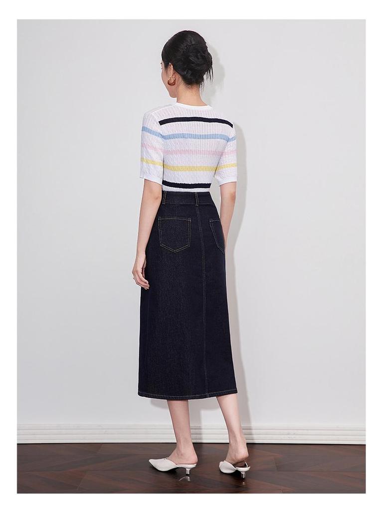 Retro Hong Kong Styl Vysoký Pas Džínová Midi Sukně s Rozparkem pro Ženy - Letní Nová Kolekce