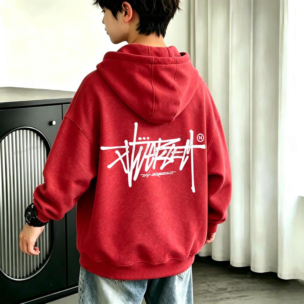 Warm Kids Hooded Pullover, Trend Graffiti Font Logo Simple Print Graphic Sweatshirt, Autumn Winter Casual Long Sleeve Top for Children Daily Wear