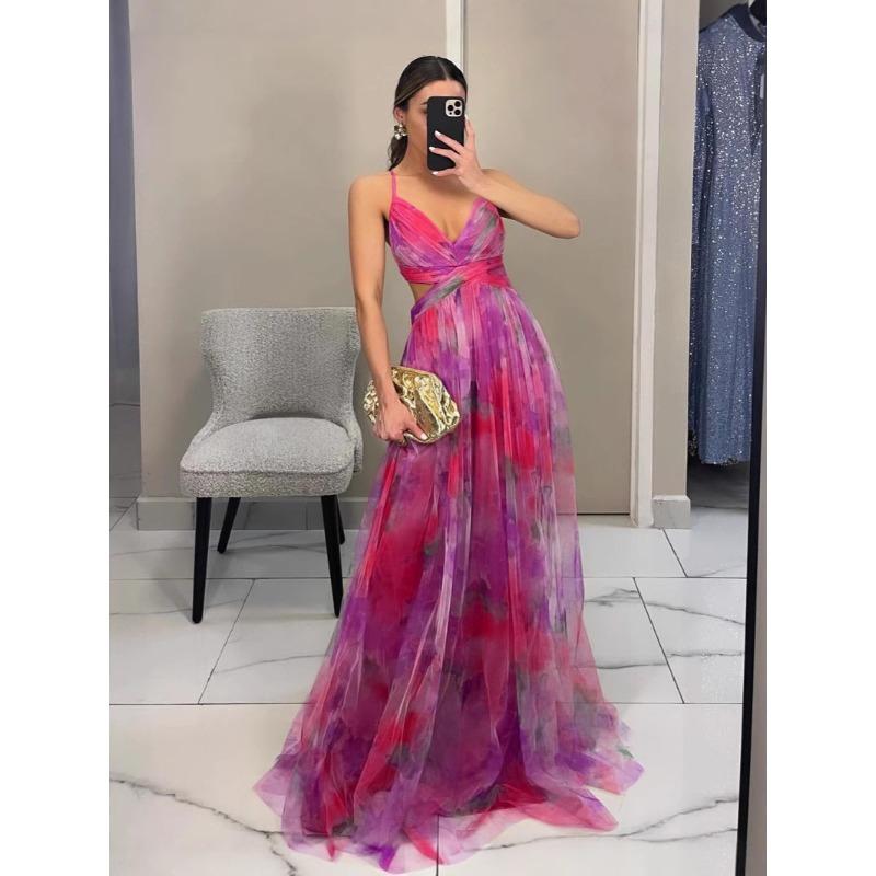 Spring and Summer New Mesh Printing Suspender Dress, Vacation Casual Party Dress
