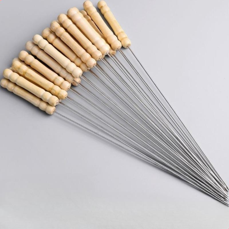 1PCS Stainless Steel BBQ Skewers with Wooden Handles BBQ Skewers BBQ Needle Sticks Outdoor Cooking BBQ Supplies (Beige,1PC)