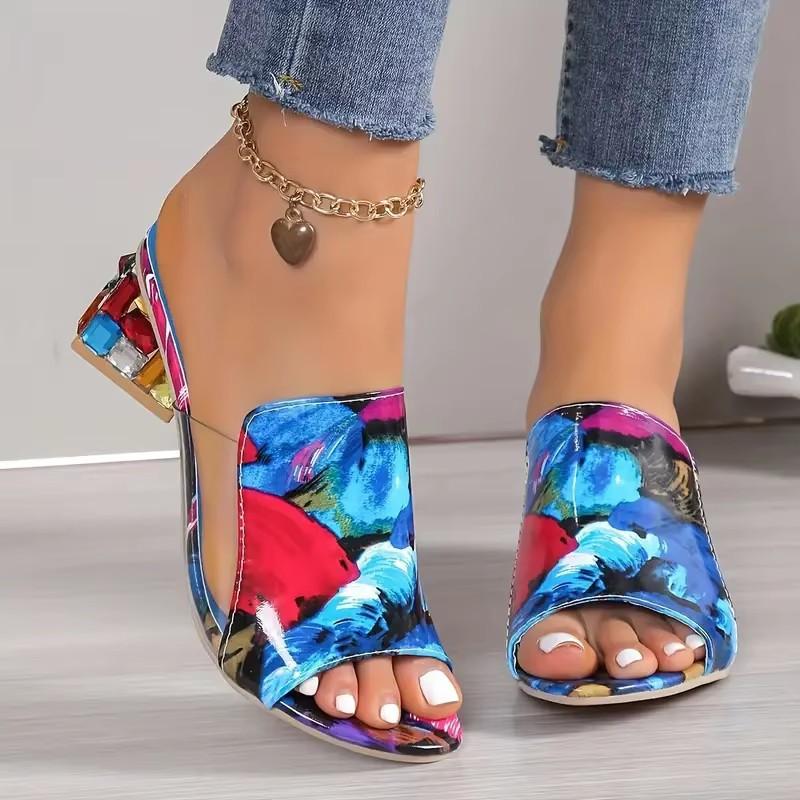 Women's Summer PU Leather Mules Sandals, Chunky Heel Rhinestone Slippers, Fashion Comfort Sandals for Party, Plus Size Available