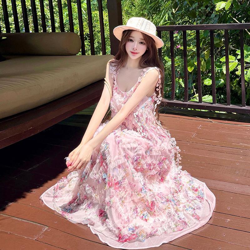 Pink Flower Shadow French Floral Suspender Dress Women's Summer Gentle Wind Waist Thin Seaside Vacation Dress