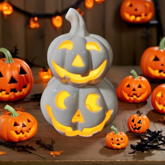 Yousheng Light Up Halloween Decoration Ceramic Carved Pumpkin Skull Bat Figurine LED Tabletop Ornament for Halloween Home Shelf Desk Decor