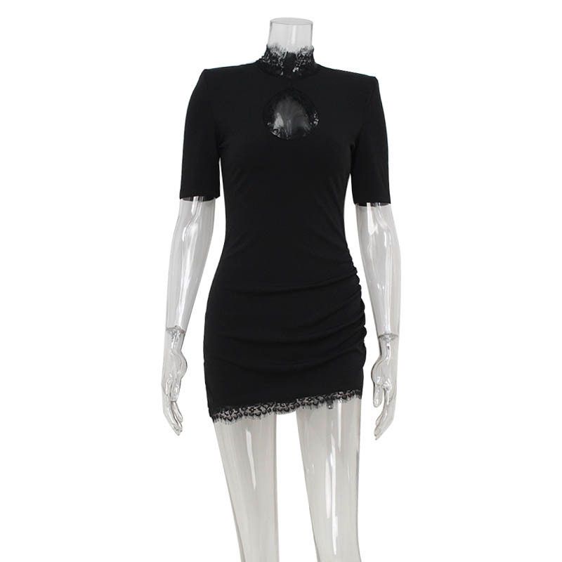 

2025 Cross-Border New Fashion Slim-Fit Elegant Lace Patchwork Hollow-Out Slimming Sexy Party Bodycon Dress for Women Black [Ready Stock] S