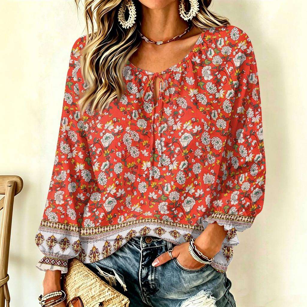 Damen Vintage Blumenmuster Halsschleife Vorne Langarm Rüschen Pullover Top