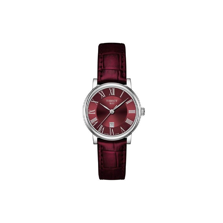 Tissot Carson Series Quartz Movement Bordeaux Red Calendar Watch 30mm Red Dial Stainless Steel Case Leather Strap Women watches T122.210.16.373.00
