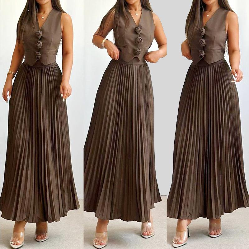 European & American Women's Sleeveless Vest and Pleated Long Sleeve Two-Piece Summer Set