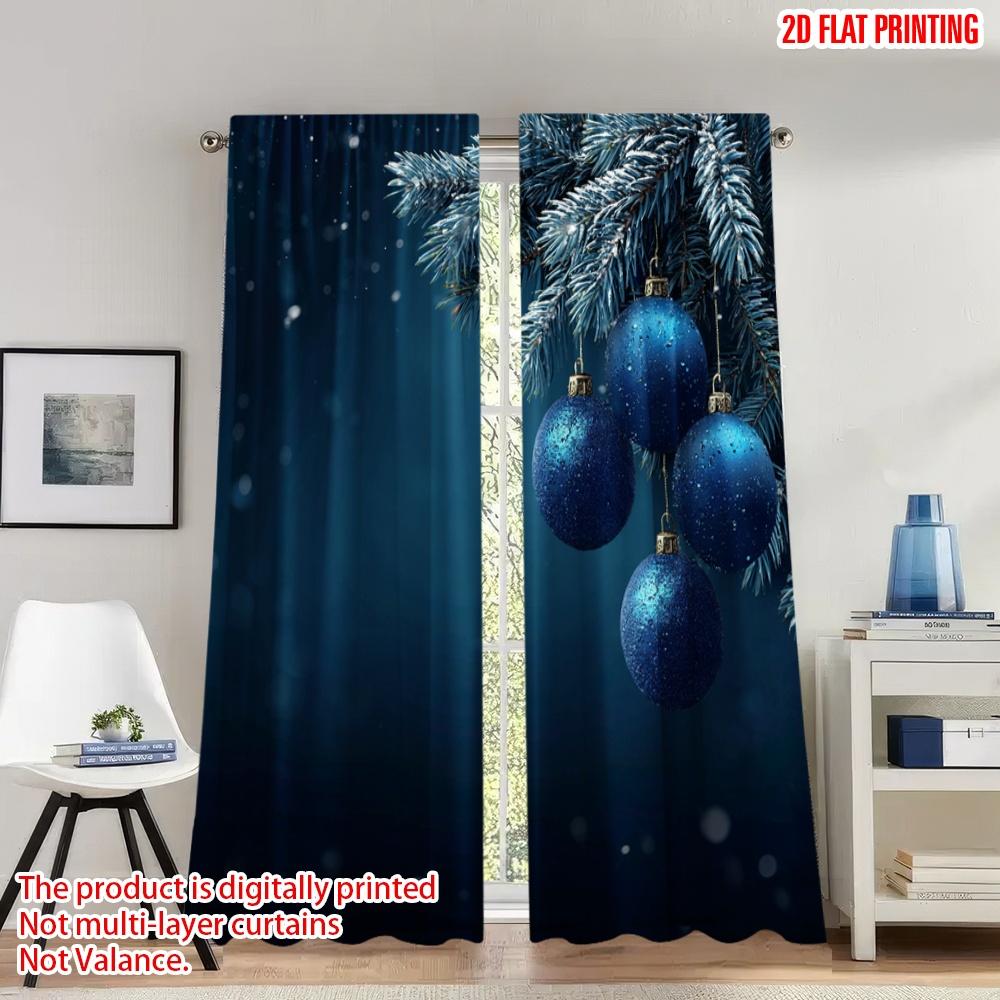 

2pcs 2D flat printing Merry Christmas Party Curtains Christmas Ornament Blue Bauble Digital Printed Polyester Drapes Party 100*130 Grommet Top 1pcs