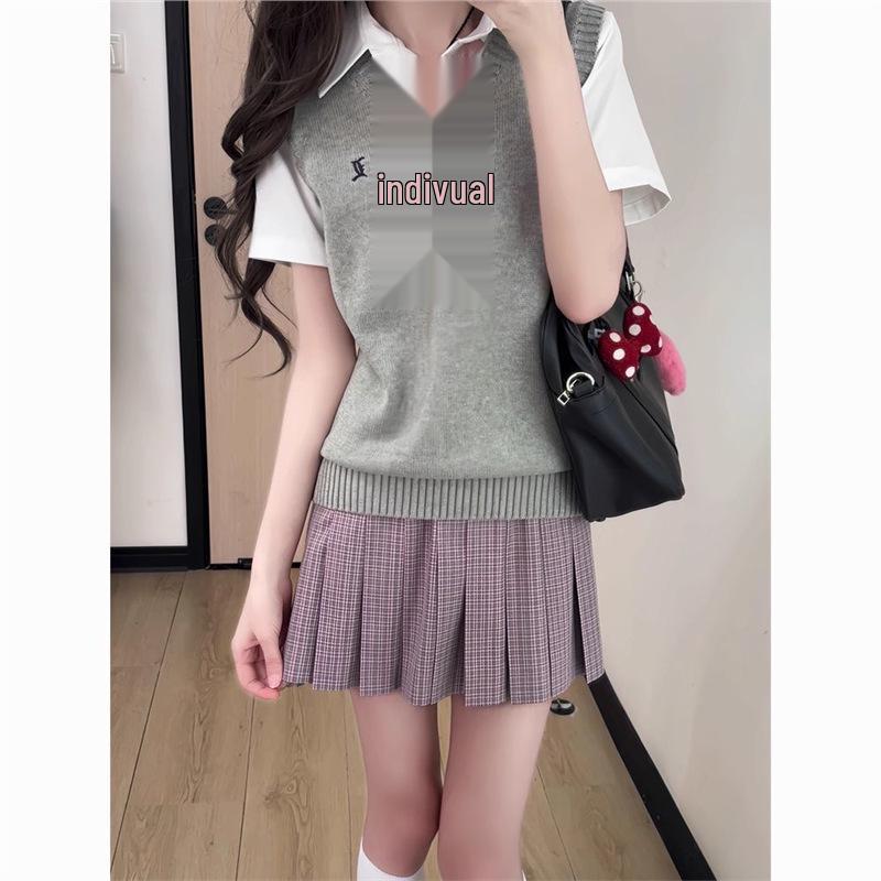 Japanese School-Style Embroidered V-Neck Knitted Vest for Women