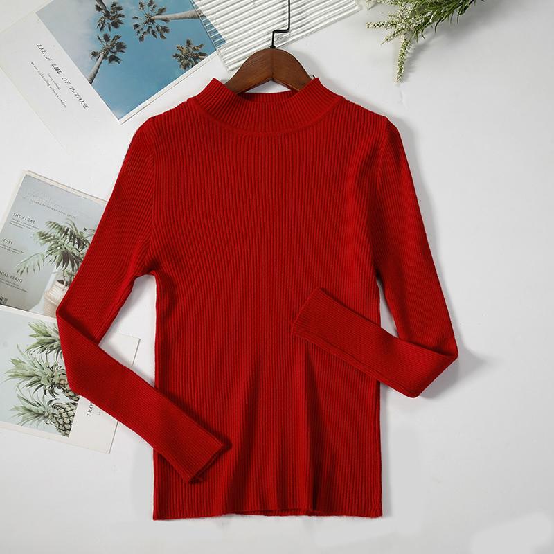 New Autumn Long Sleeve Base Knitted Sweater Women Winter Fashion Half High Collar Pullover Women Sweaters Vintage Slim Fit Solid Casual Knitwear 24970