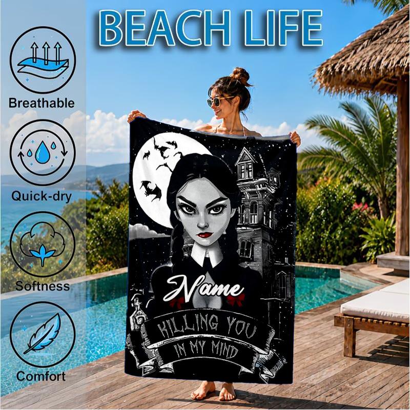 Custom Name Nightmare Addams Beach Towel Microfiber Beach Towel, Lightweight and Quick-Dry, for Summer Travel, Swimming Pool Gift