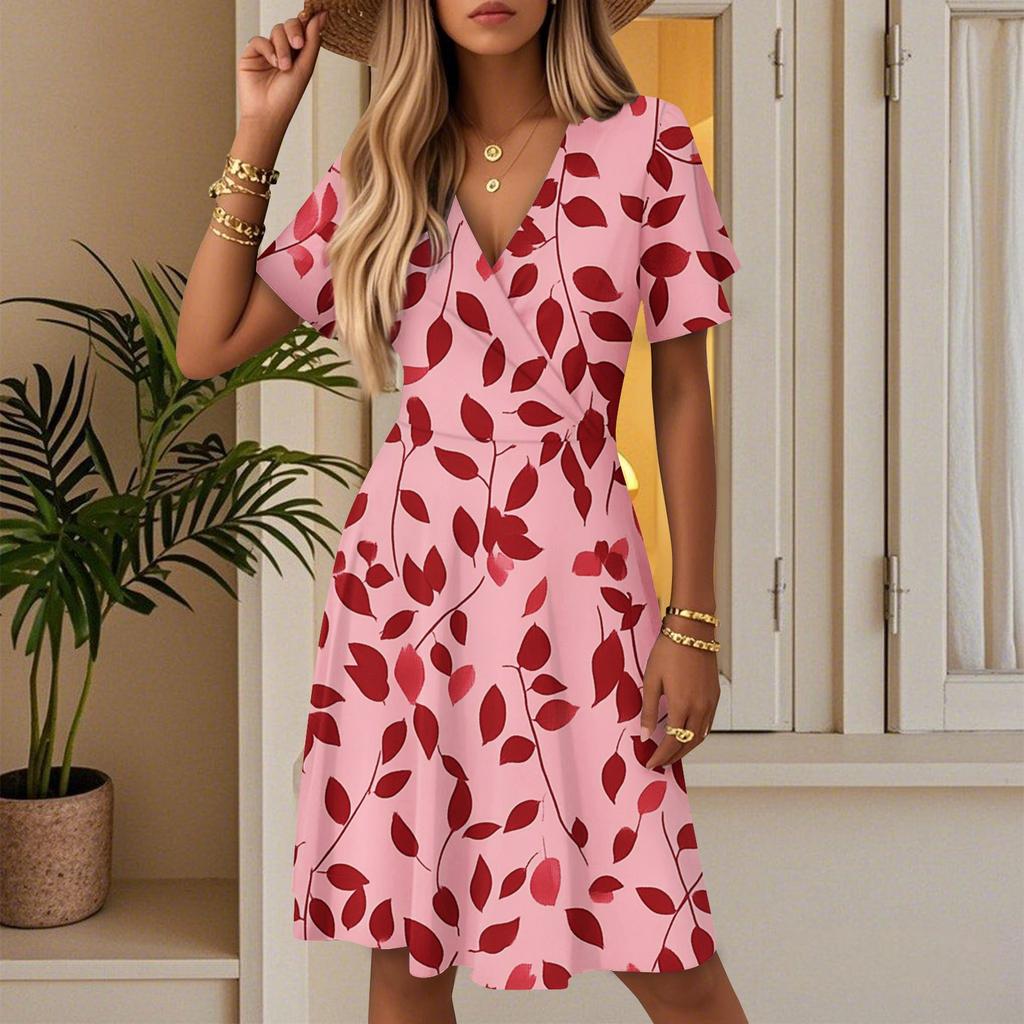 Women's Summer Fashion Leaf Print Dress Casual Beach A-line V-neck Loose Sundress